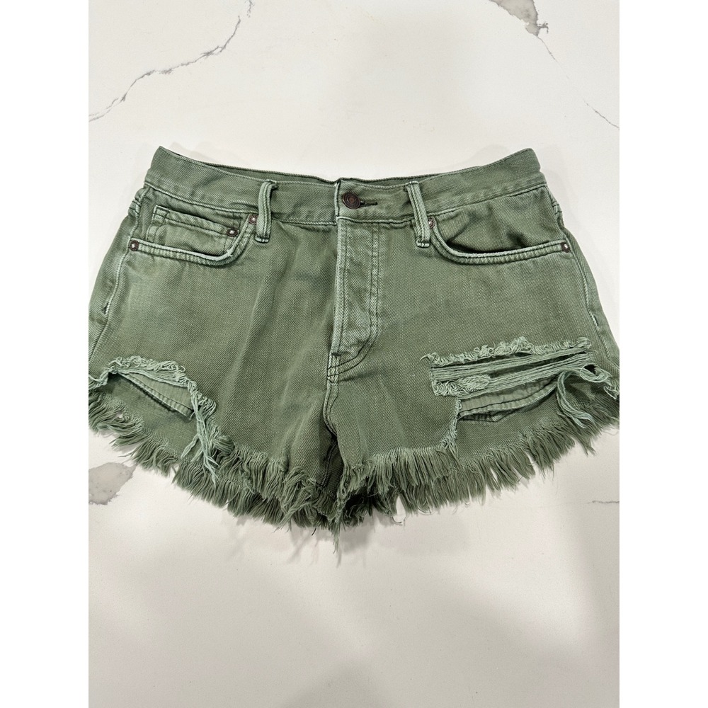 We The Free Free People Makai Cut Off Shorts Olive Green Distressed Denim 25